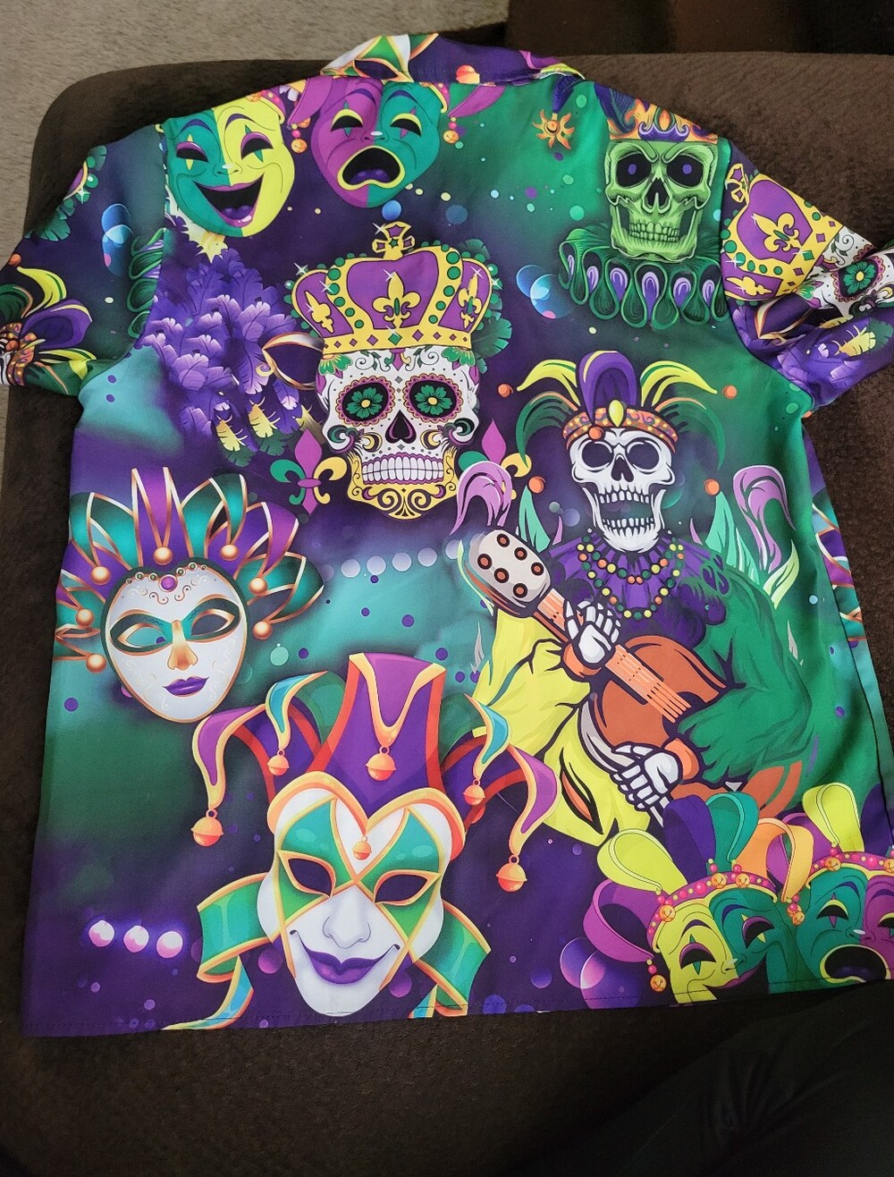 Womens Mardi Gras Skull & Mask Costume Shirt in Green and Purple